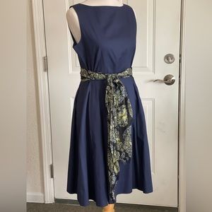 LL Bean Navy 100% Cotton Fit & Flare Lined Dress Sz 10